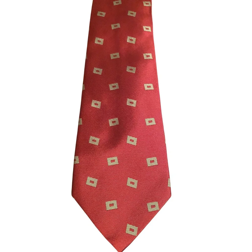 Lauren Ralph Lauren‎ Mens Burgundy Red Silk Geometric Square Pattern Necktie